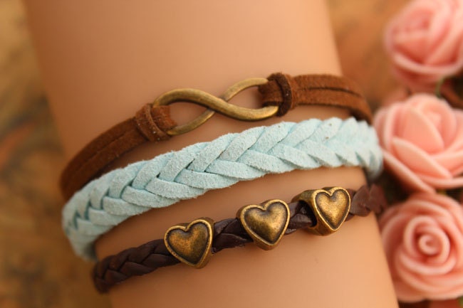 karma bracelet,retro bronze infinity pendant with love heart bead,alloy bracelet,brown leather braid bracelet---B217