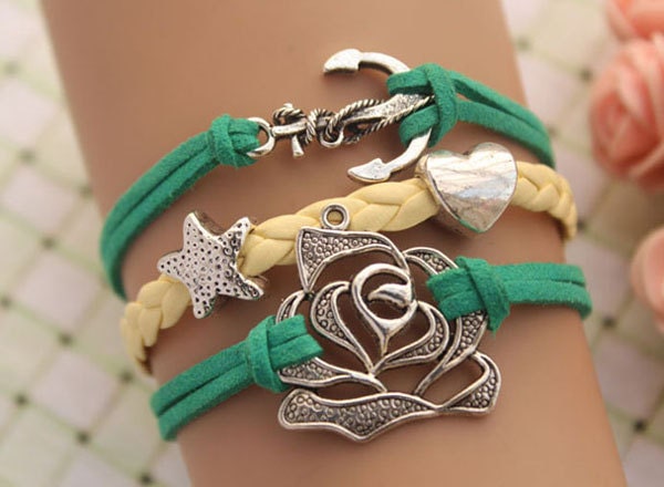 anchor bracelet,retro silver anchor and rose bracelet,yellow braid leather bracelet,green rope---B299