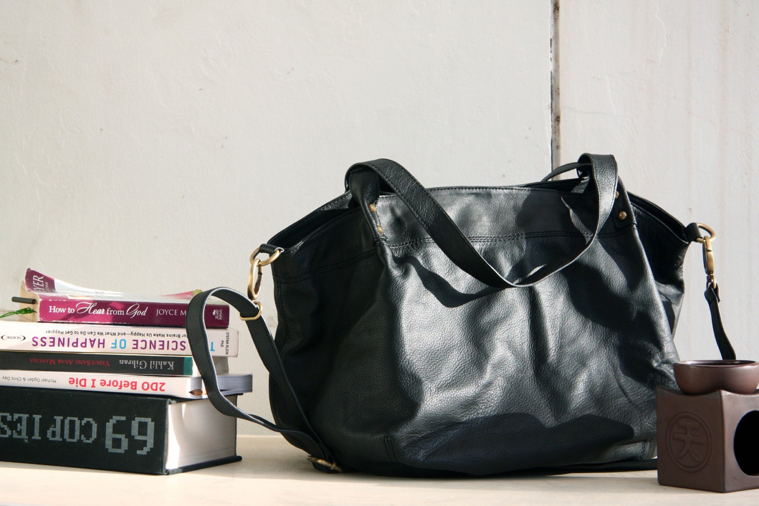 Slouchy Leather Satchel Bag in Black with Adjustable Strap