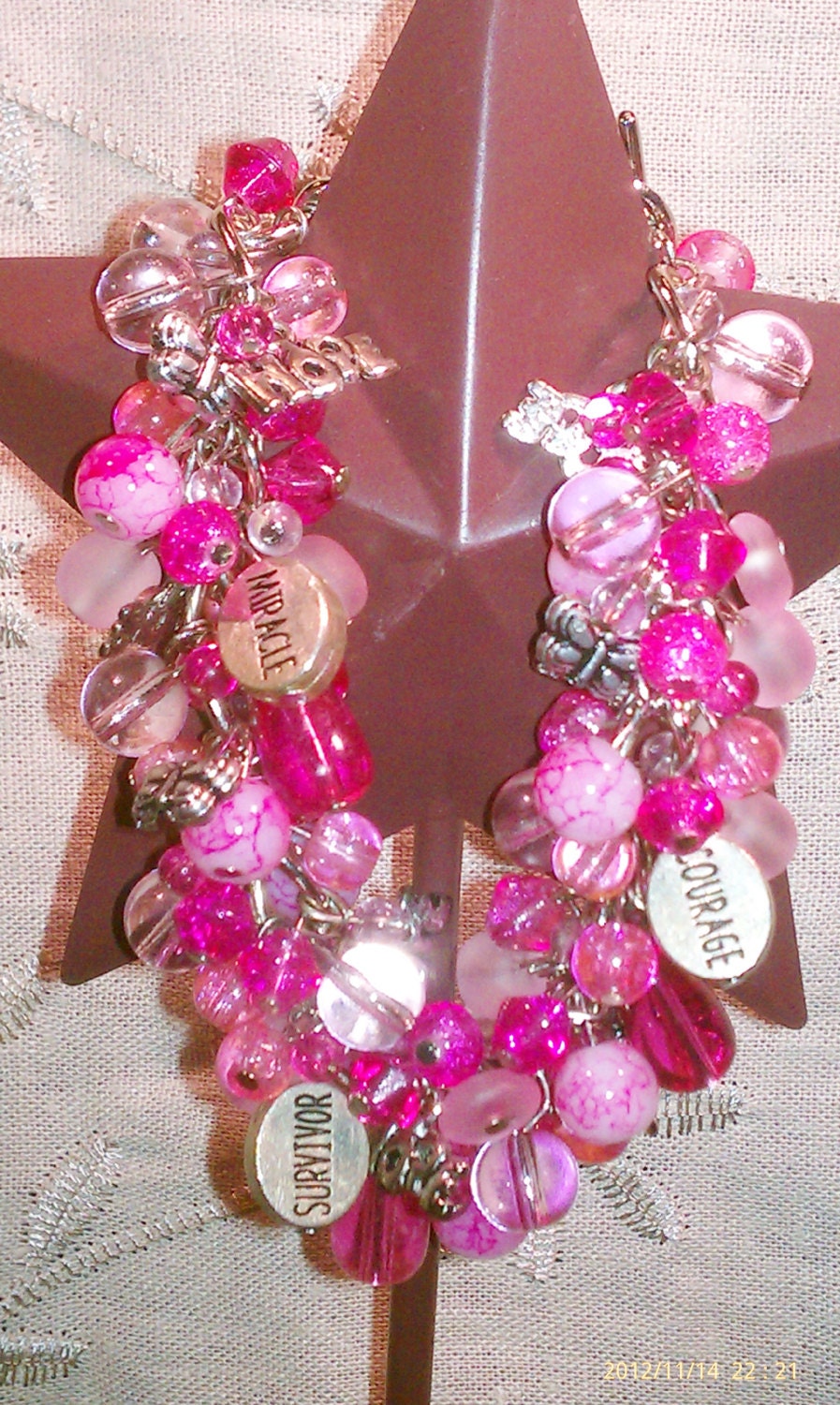 Breast Cancer Awareness Charm Bracelet Pink Glass Bead Chunky Hope Survivor Courage Miracle Butterflies 00494