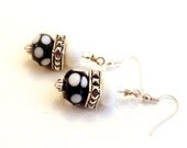 Women's earrings beaded black white retro polka dot silver pierced unique gypsy Boho handmade jewelry tagt tenx