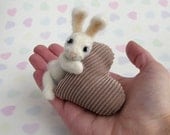 Felted White Bunny holding Beige Corduroy Heart Ornamental Merino Rabbit Decoration