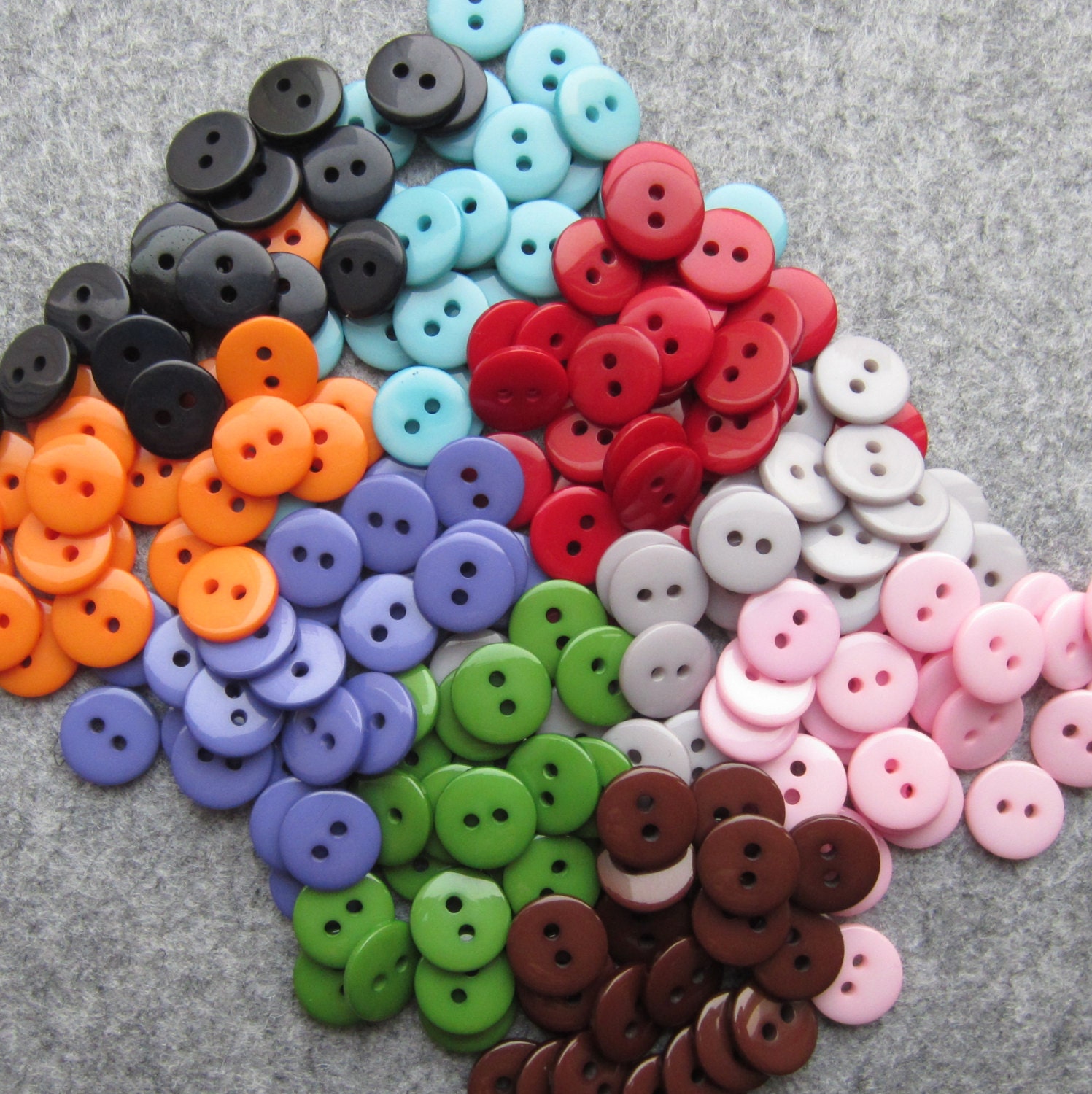 Bulk Pack - 90 x 11mm resin buttons. 10 of each colour, Red, Orange, Purple, Green, Blue, Black, Grey, Pink, Brown.