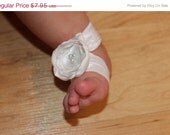ON SALE White baby barefoot sandals-satin flower- newborn sandals- shabby chic flower- flower girl-photo prop-newborn shoes