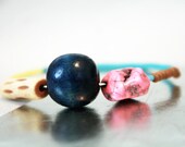 Color Blocking One of a Kind Beaded Wire Bangle Bracelet - Navy Blue, Pink, Yellow, Teal