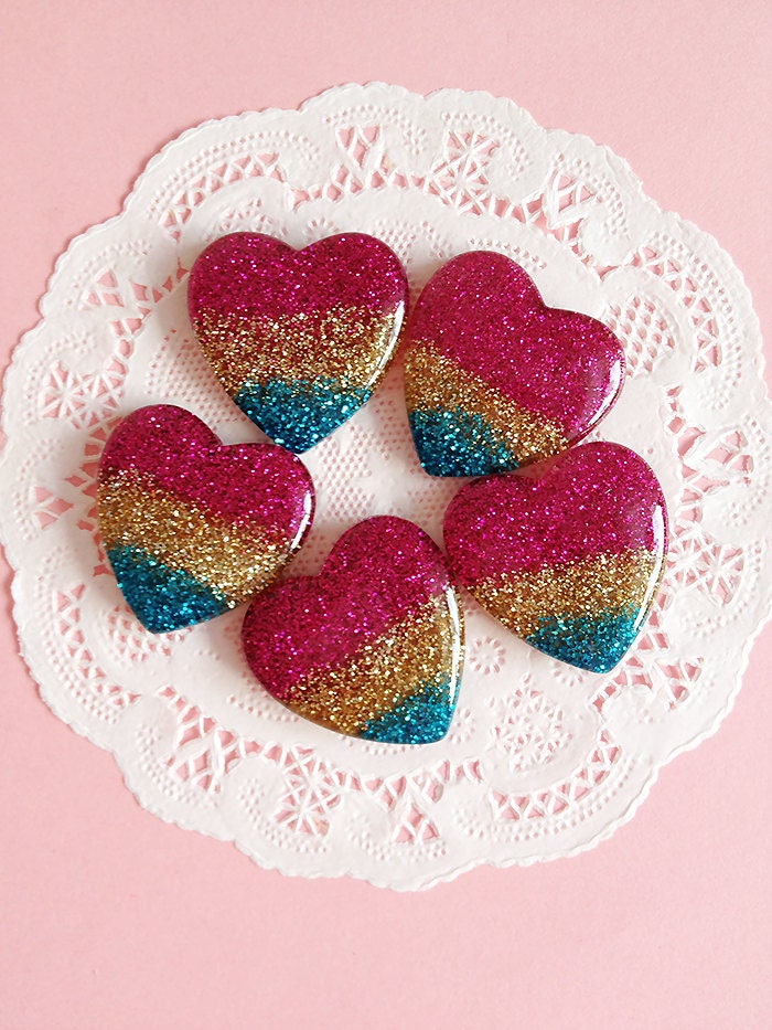 Rainbow Glitter Heart Cabochons 5pcs