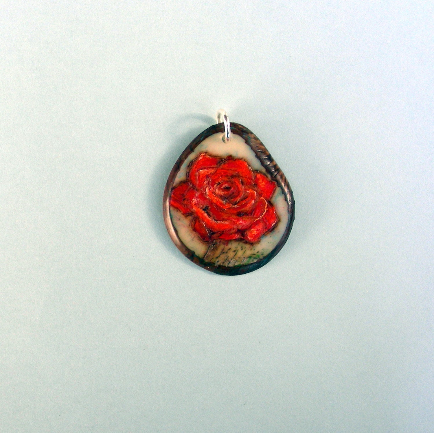 Pyrography Pendant- Tagua Nut-Vegetable Ivory -Birth Flowers-Rose-June