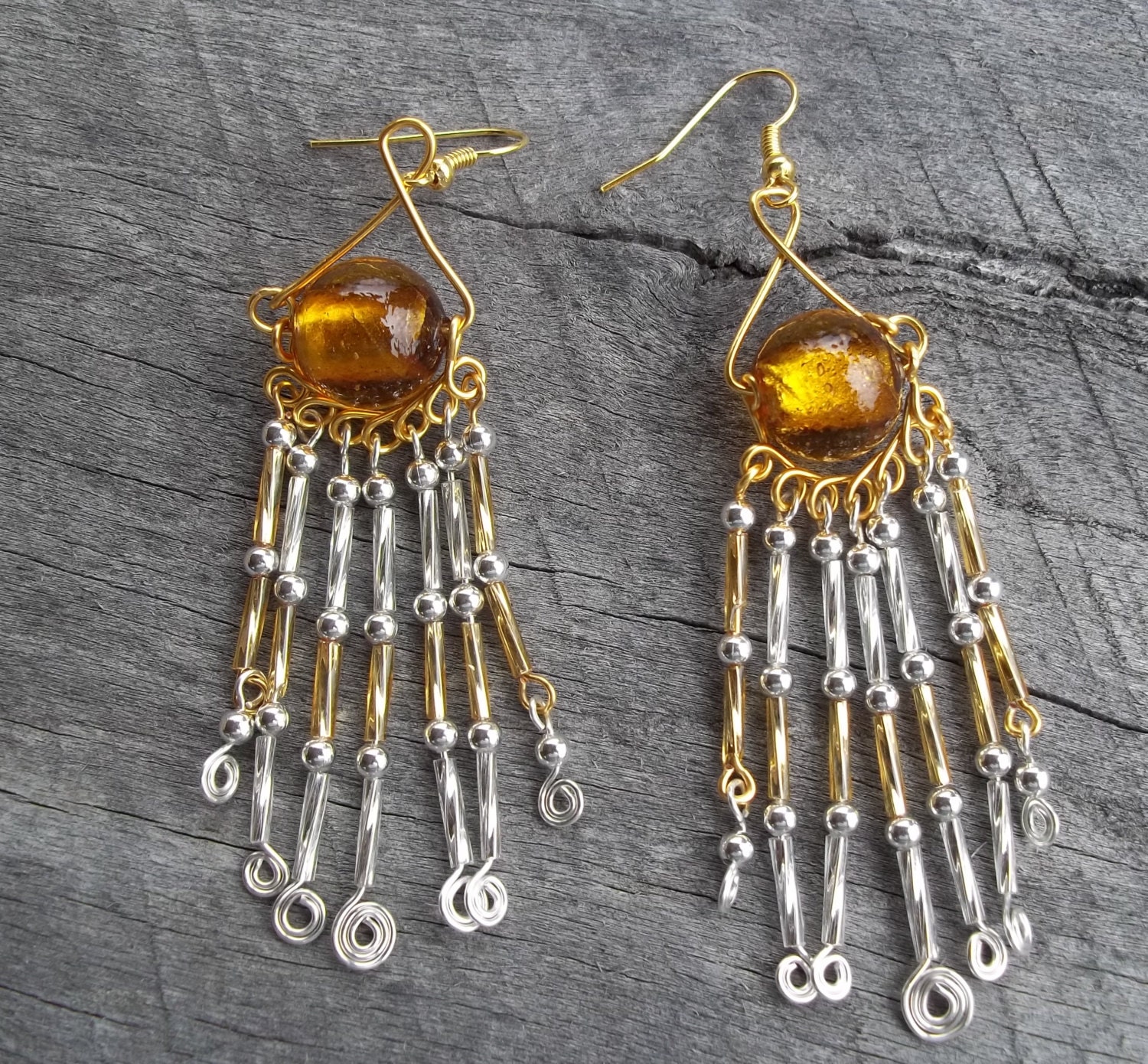 Gold Hand Made Glass Bead Earring Jewelry, Hypoallergenic, surgical steel wires