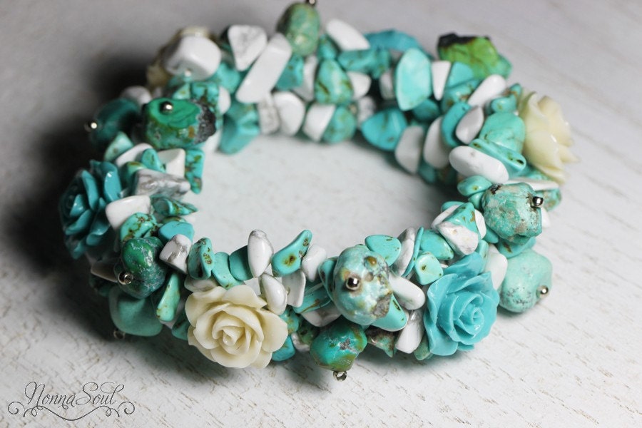 Turquoise bracelet, Braided turquoise bracelet, Blue and white stone bracelet