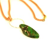 Green Stone Necklace Impression Jasper Pendant on Vintage Copper Chain