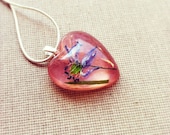 Dried Blue Flower Resin Pendant Pink Heart Pendant Nature Inspired Jewelry Botanical Resin Jewellery OOAK Spring Flower