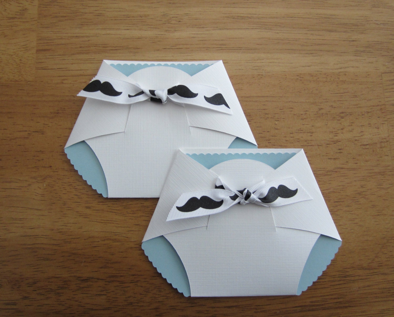 Handmade Baby Shower Invitation - Diaper Shape w/ Mustache Ribbon
