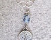 Eco Friendly Silver Tree of Life Coin Grey Agate Beadwork Modern Zen Necklace Women Woodland Jewelry Silver Necklaces Eco Engraved Tree Coin
