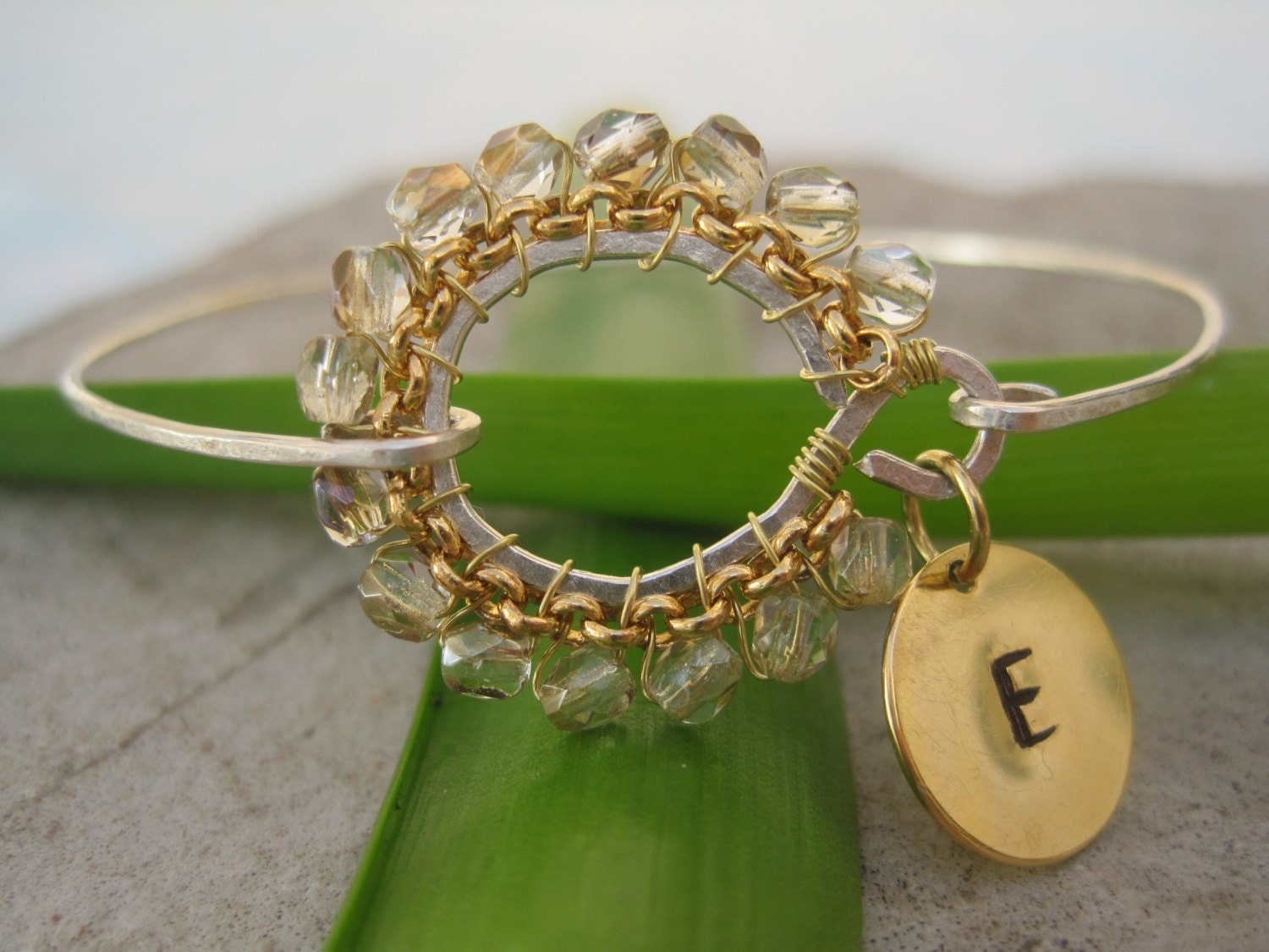 Silver Bracelet/Initial Charm/Personalized Jewelry/ Sterling Silver Jewelry Handmade/Czech Glass/Charm Bracelet/Gift Box/Gift/Wire Wrap