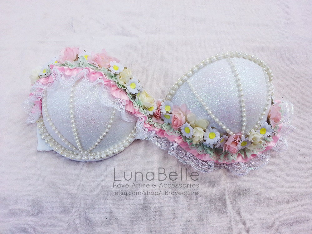 glittery floral rave bra // daisies // pearls //