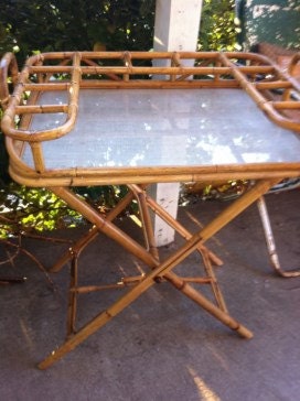 Vintage Rattan Wicker Wood Breakfast TV Tray Serving With Folding Stand