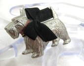 Adorable Vintage Silver Scottie Dog Pin Brooch, Plaid Collar with Black Bow, Cute