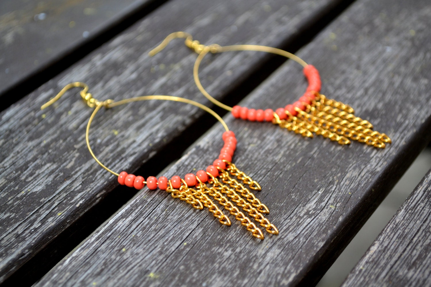 Coral Seed Bead and Gold Chain Chevron Teardrop Dangle Statement Earrings