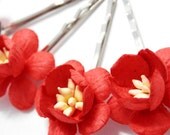 Red Cherry Blossom Pins Set of Four Flower Bobby Grips Wedding Hair Accessory