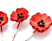 Red Poppy Pins Set of Four Flower Bobby Grips Wedding Hair Accessory