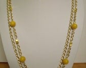 Yellow Mustard Fossil and Gold Beads on Double Gold Chain Necklace and Earrings