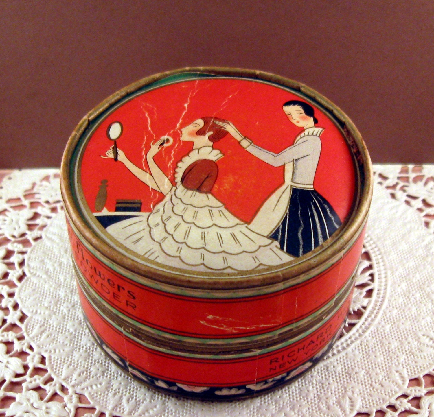 Vintage Face Powder Box "Three Flowers" Richard Hudnut 1930's Antique