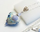 Sky Blue Lavender Ivory Lampwork Glass Heart Pendant Necklace - Flowered Lampwork Heart on Silver Filled Chain - Handmade Jewelry