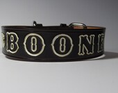 16" x 1 1/2" wide Dark Brown with White Letters- Leather Dog Collar Personalized ID & Pet Name