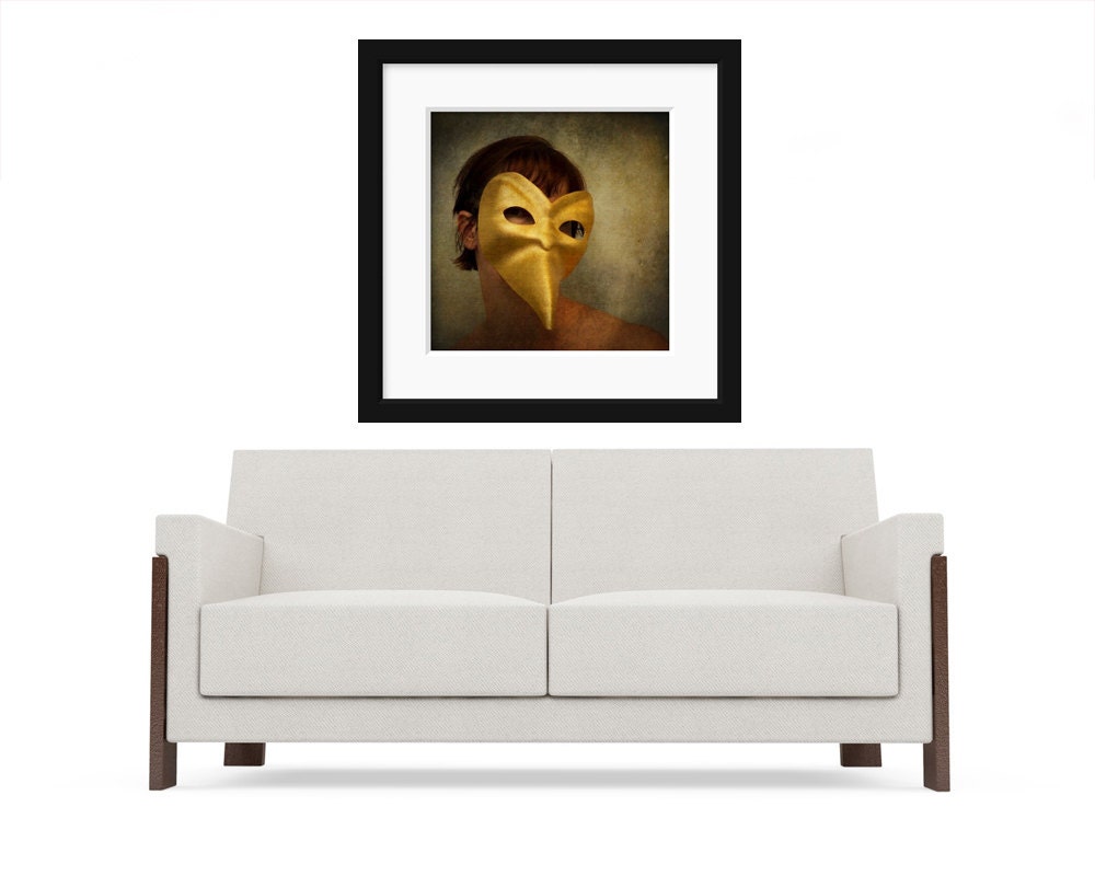 Surreal Portrait Photography Print, Golden Venetian Mask, Fine Art Portraiture, Portrait Photograph, Gold, Amber