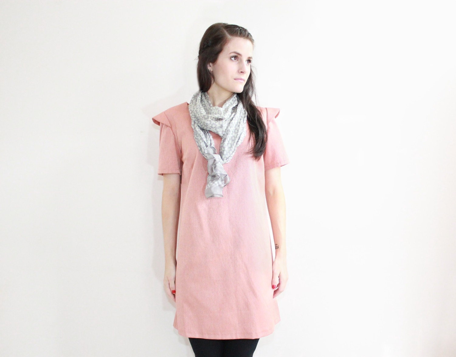 PETITES - MEDIUM Salmon Textured Shift Dress with Sleeve Panel