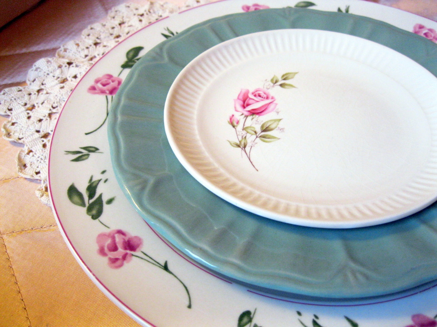 Mismatched China 3 piece Place Setting: mixed china plates, shabby chic wedding centerpiece, vintage dinnerware, set 90