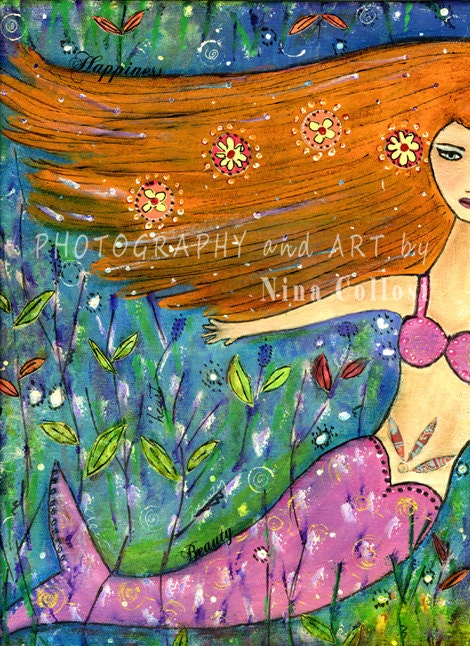 Mixed Media Whimsical Mermaid Art PRINT- Beautiful red hair mermaid swimming deep in ocean, hair flowing