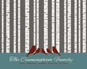 Family Prints Personalized Name Birch Tree Flock of Birds Home Decor Wall Art - 14 x 11 Dust Dark Teal Burgundy Birds Housewarming Gift