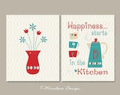 Happy Kitchen Art Prints - Personalized Modern Wall Art  - Set of (2) 8" x 10" Teal // Red // Tan - Home Decor - Gift Guide