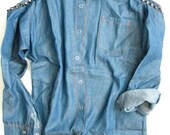 Tuck Sexy Cut-out Shoulder Studded Denim Shirt, Blue Denim with Gunmetal Studs ..Size S