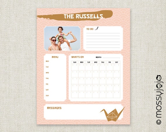 Personalized Dry Erase Calendar Monthly Planner Weekly Meal Planner 16x20 Japanese Home decor. Housewarming gift Pink Gold. By MossyJojo.