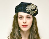 Reserved/ Vintage 1930s Hat: Cloche Hat,  Slouch Fedora 30s Hat, Navy Blue with Blue Flowers