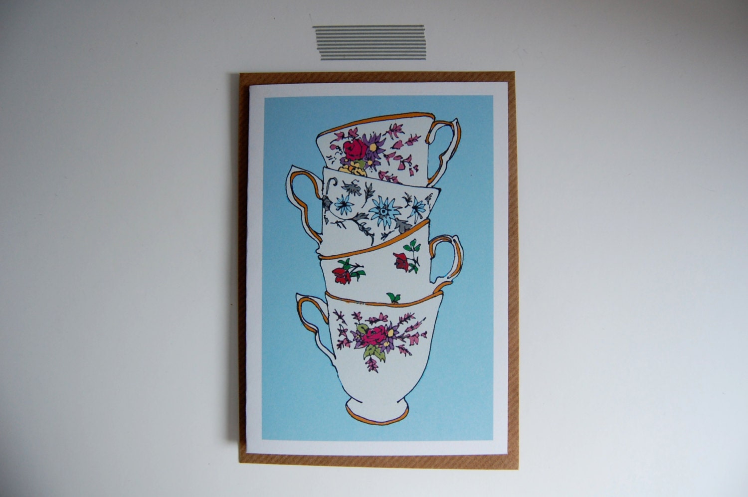 Floral vintage four teacups card pastel blue