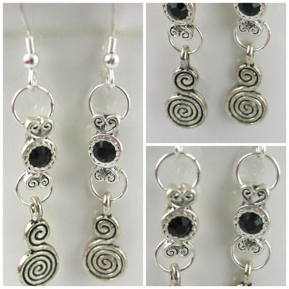 Metal Black Swarovski Crystal Sterling Silver Handmade drop earrings