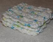 Crochet 4" Scrubbies - Coasters - Eco-friendly 100% Cotton - Set of 3 - White with Specks of Yellow/Green/Blue, Many uses, GO GREEN