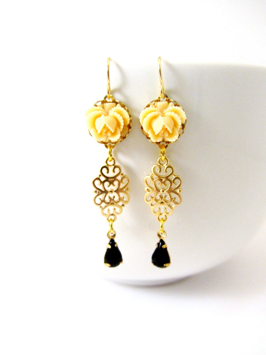 Cream Rose Earrings, Black Vintage Teardrop, Gold Filagree Earrings, Resin Flower Jewelry, Gift for Her