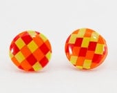 Orange stud earrings, checkered pattern ear studs, handmade checkered ear studs, yellow studs, red earrings, polymer clay jewellery