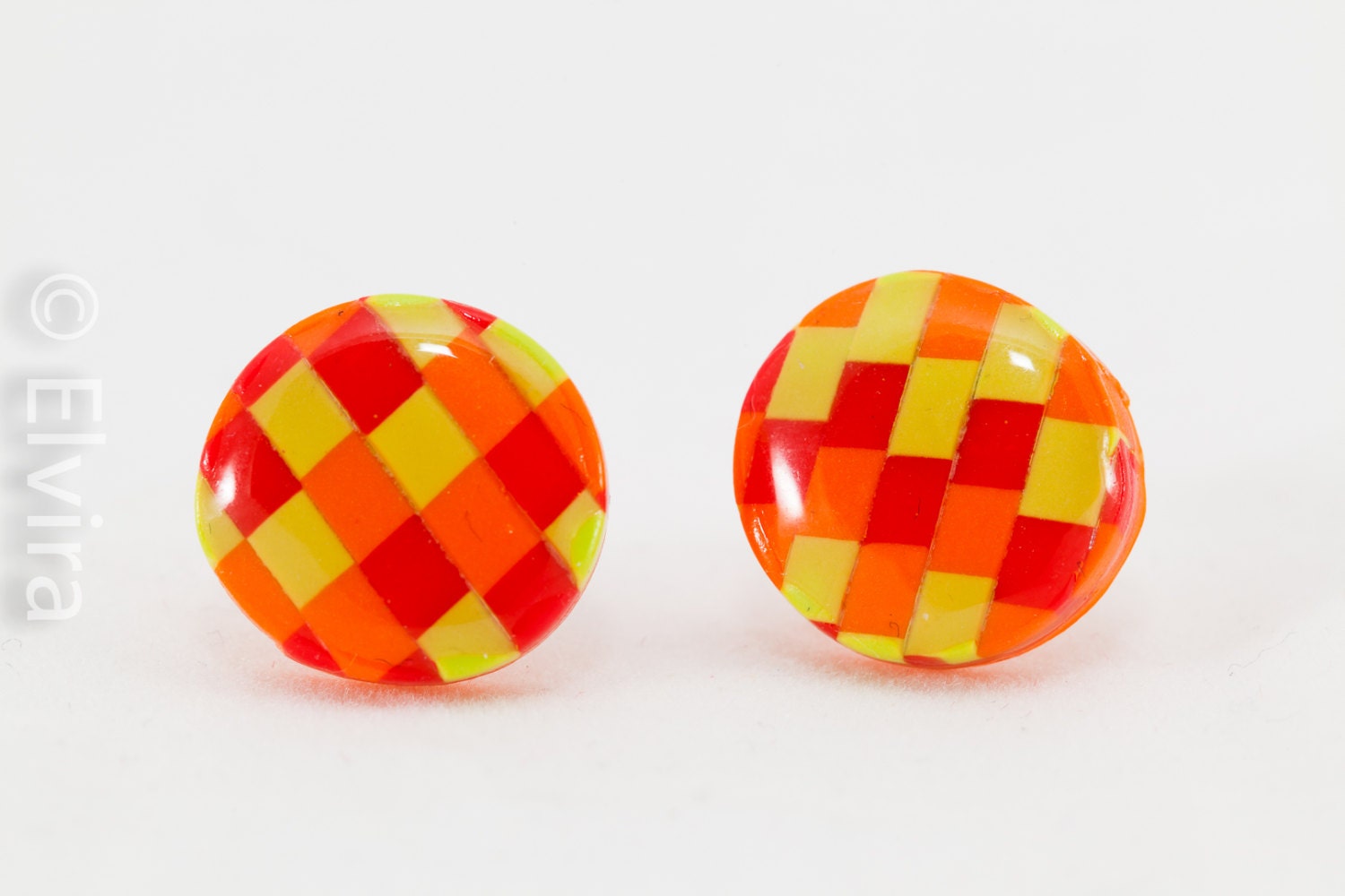Orange stud earrings, checkered pattern ear studs, handmade checkered ear studs, yellow studs, red earrings, polymer clay jewellery