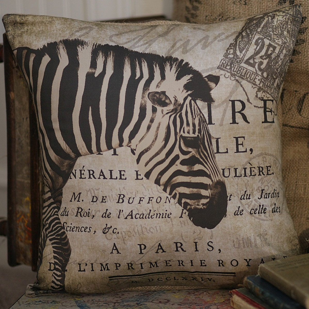 Vintage French Pillow Safari Zebra Antique Document Burlap Cotton Throw Pillow Cover - Ships FREE to US and Canada