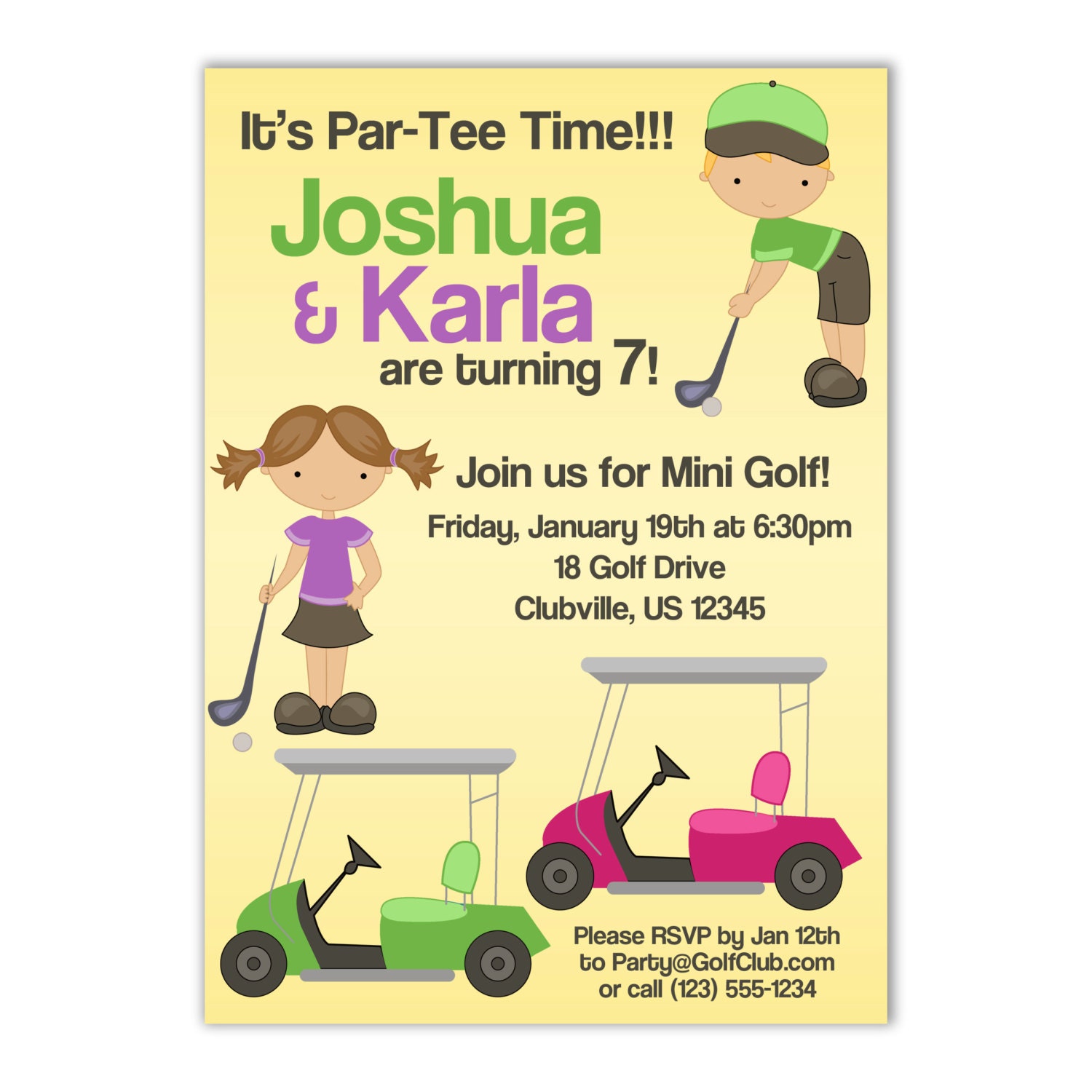 Golf Invitation - Yellow Twin Golfers, Green Boy, Purple Girl with Golf Carts Personalized Birthday Party Invite - a Digital Printable File