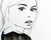 Original Watercolour Fashion Illustration Portrait by Helen Simms, Sienna Miller Black and White