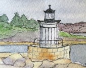 Maine Watercolor Painting, Seascape ACEO. Portland Harbor "Bug Light". Original plein air art by Kathleen Daughan