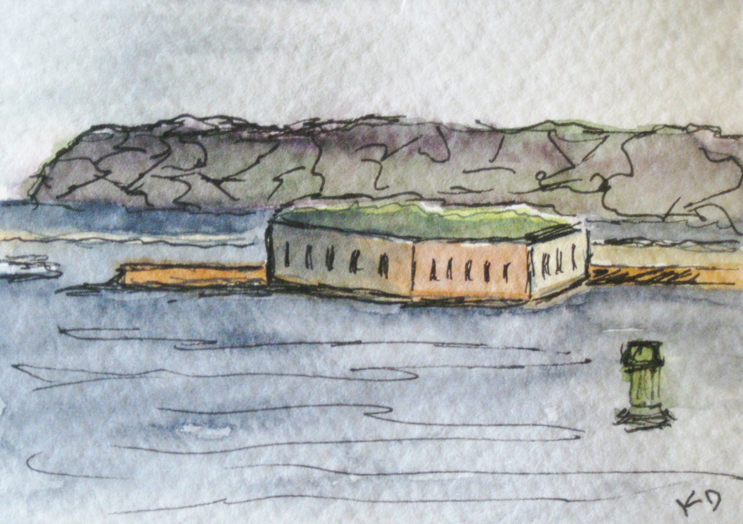 Maine Painting. Watercolor, pen and ink drawing..Ft. Georges, Portland Harbor. Casco Bay, art ACEO