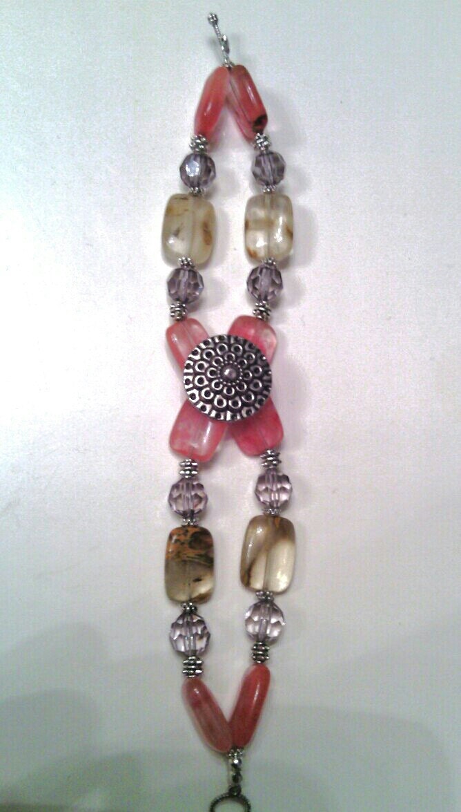Watermelon tourmaline smoky quartz double strand bracelet