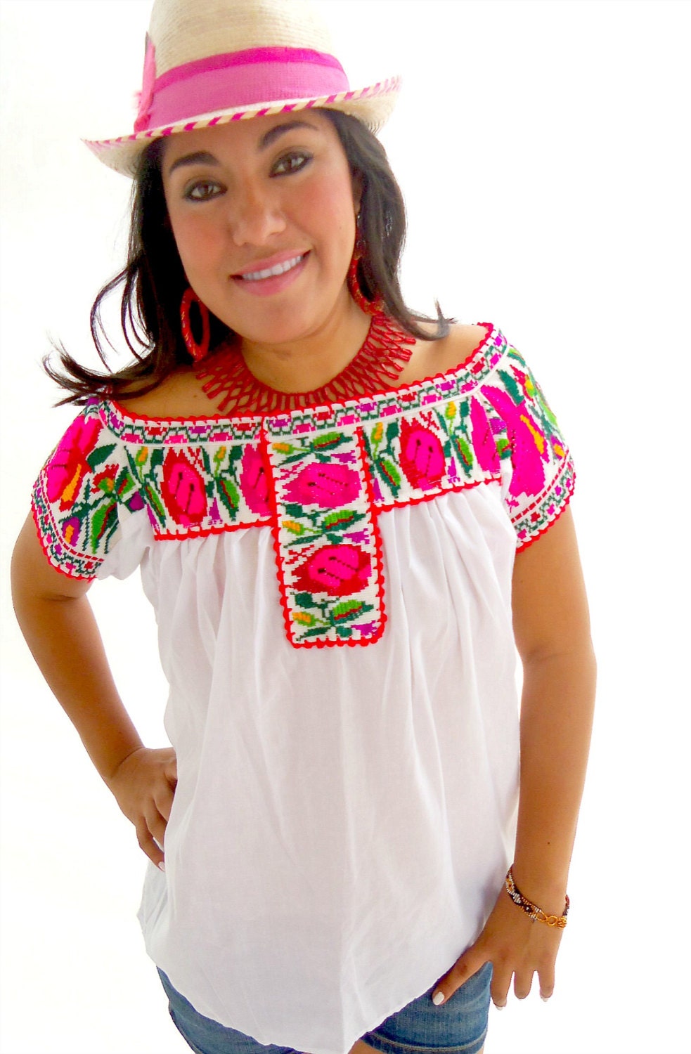 Diosa de las Flores Handmade Mexican Embroidered Bohemian Cotton off shoulders Blouse Vintage 60s  Bohemian  floral mexican,  Boho Hippie